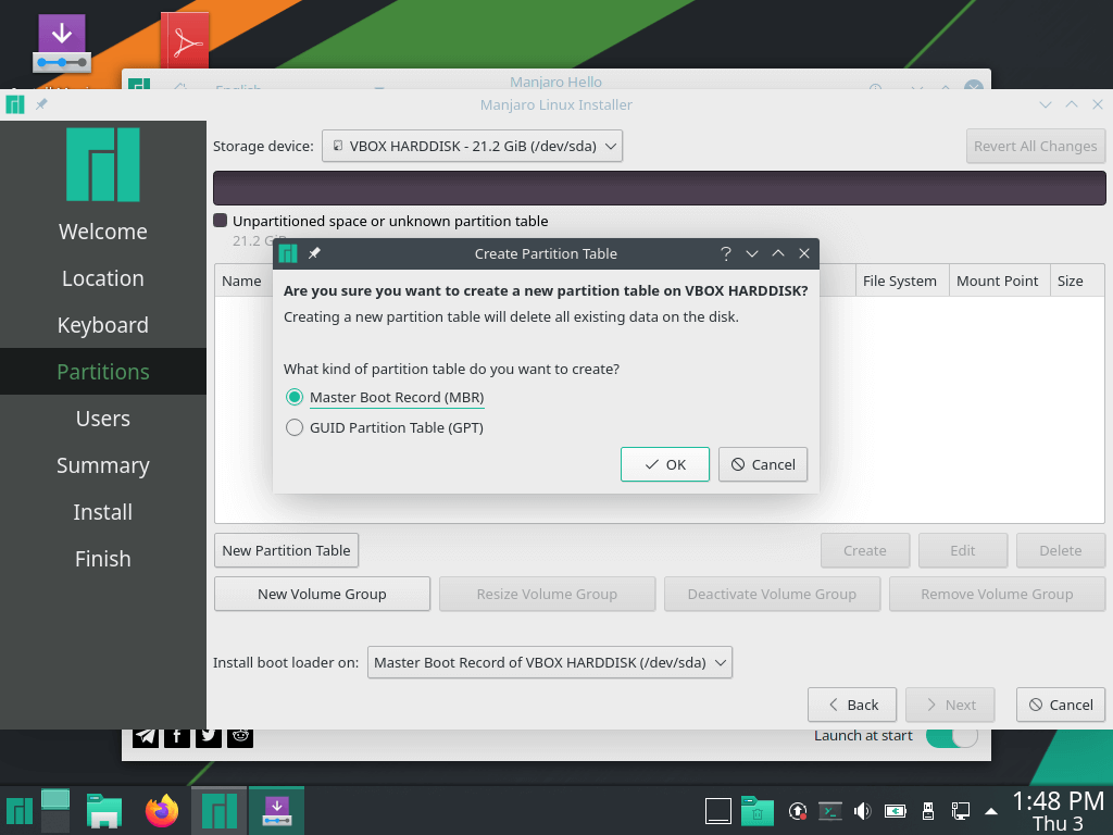 Create Manjaro Partition Table