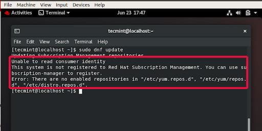 RHEL 8 RedHat Subscription Management Error