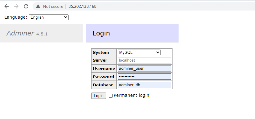 Adminer Login