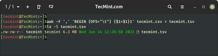 Awk Command - Convert CSV to TSV