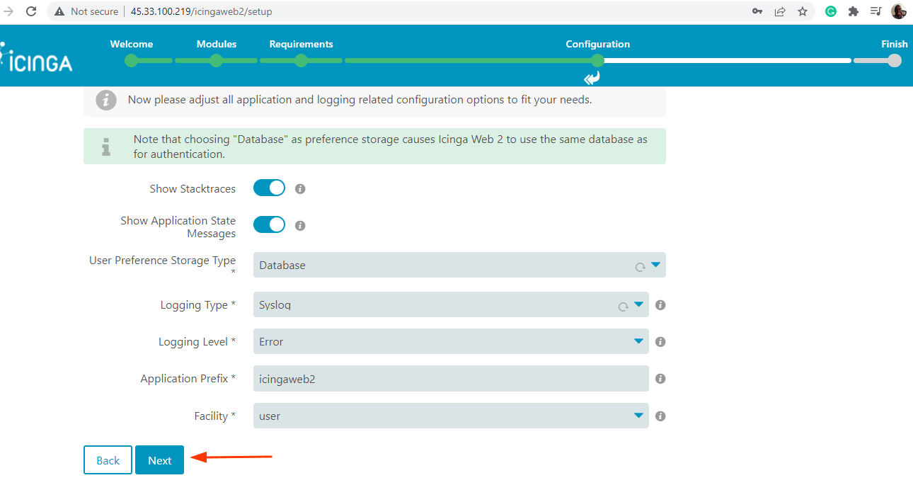 Choose IcingaWeb2 Application Configuration