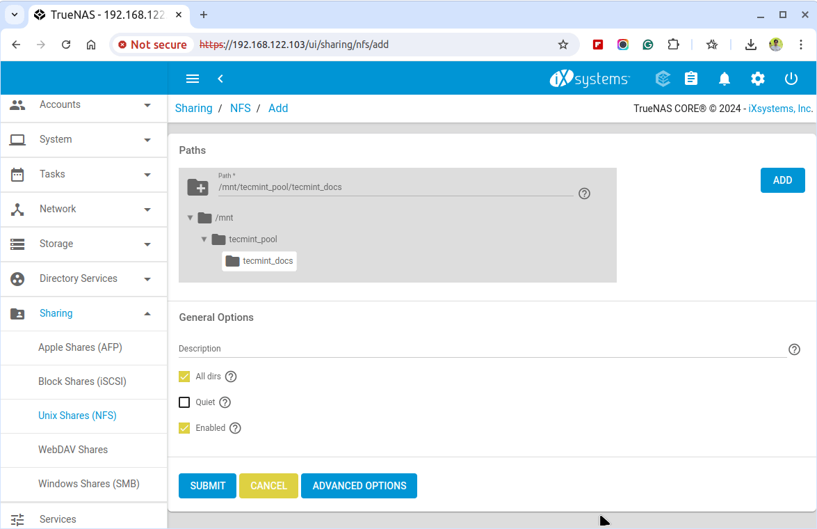 Choose ZFS Dataset for NFS Share