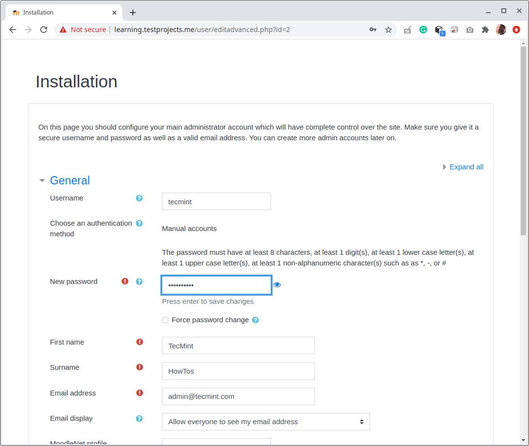 Create Moodle Admin Account