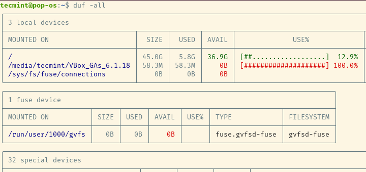 Duf - Linux Disk Usage Tool