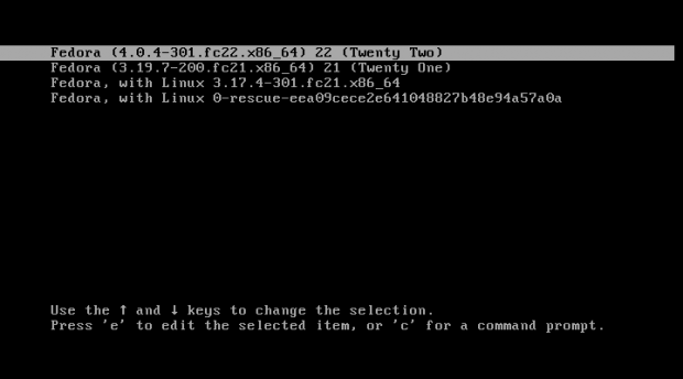 Fedora 22 Boot Menu