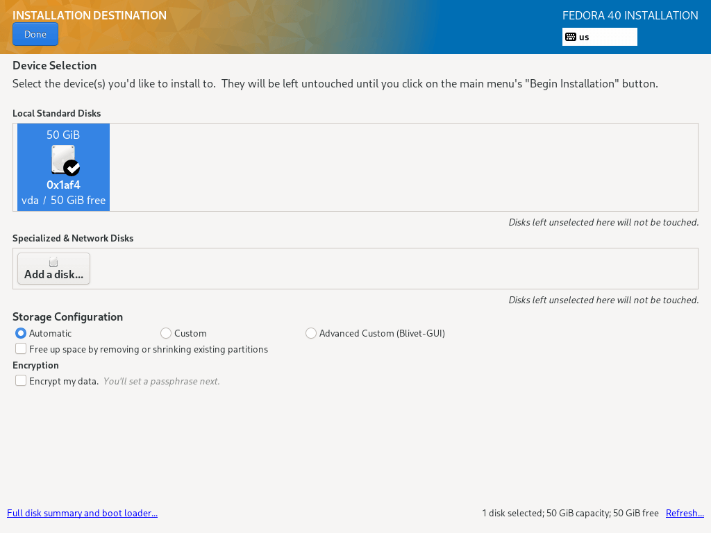 Fedora Installation Destination