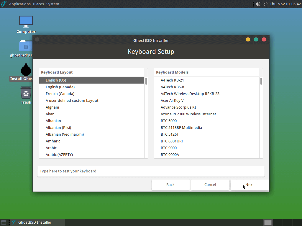 GhostBSD Keyboard Layout