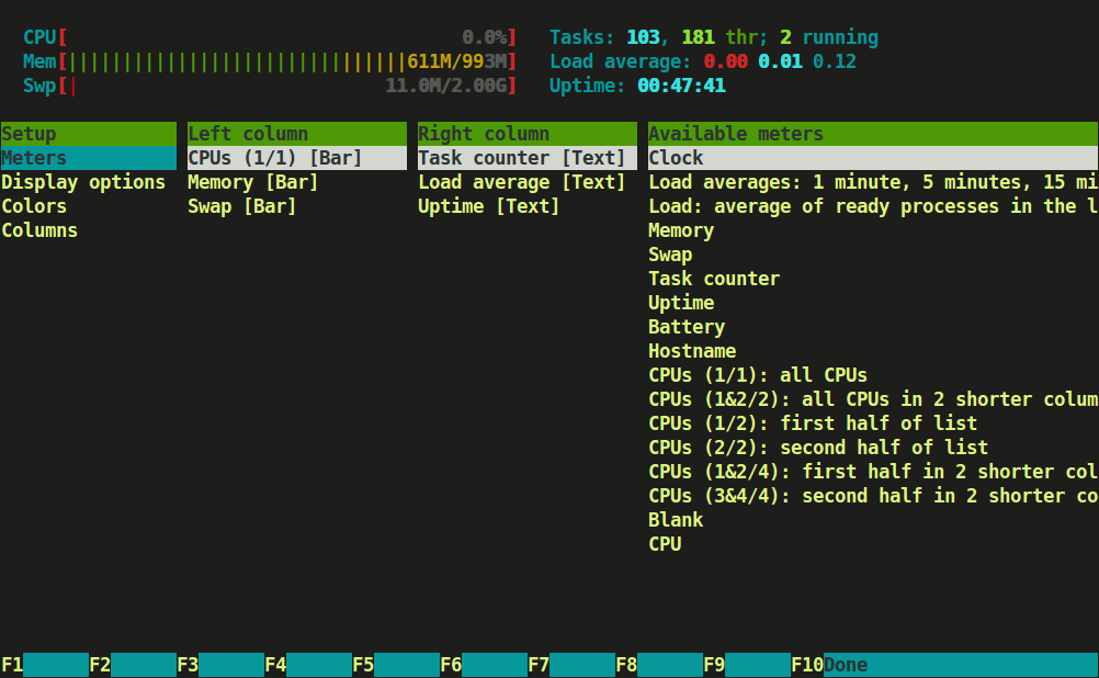 Htop Setup Screen