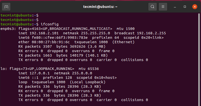 ifconfig - lists network interfaces