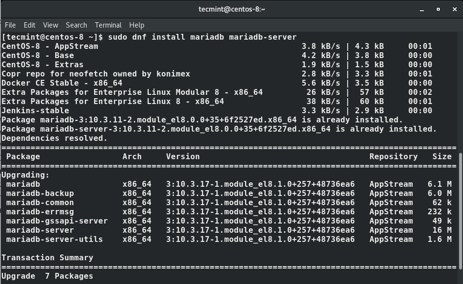 Install MariaDB in CentOS 8