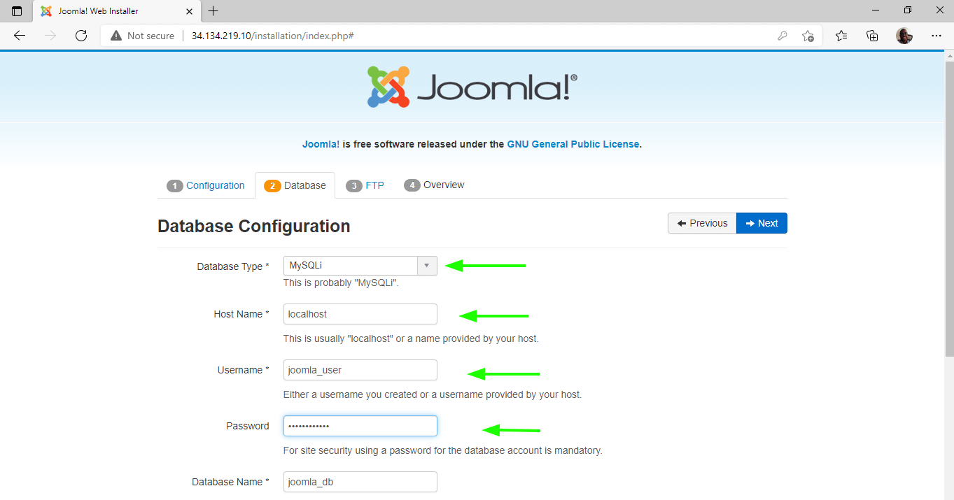 Joomla Database Configuration