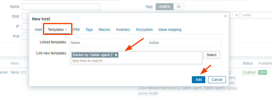 Link Zabbix Template to Docker