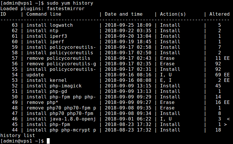 List Yum History
