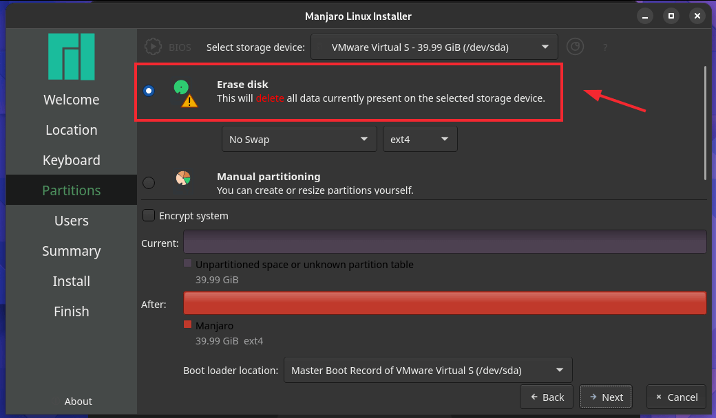 Manjaro Configure Partitioning