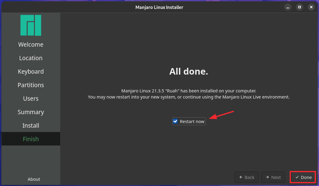 Manjaro Installation Finishes