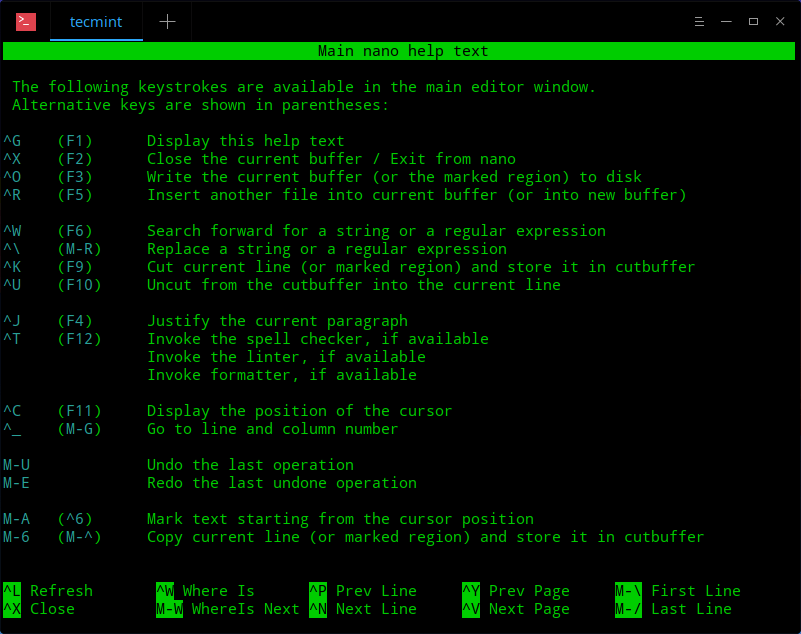 Nano Editor Shortcut Keys