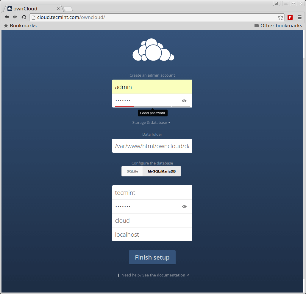 OwnCloud 9 Installation Wizard