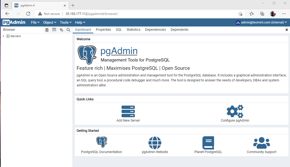 PgAdmin Dashboard