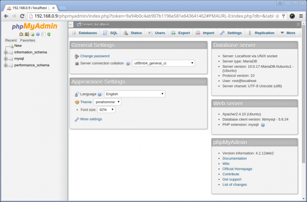 PhpMyAdmin Dashboard