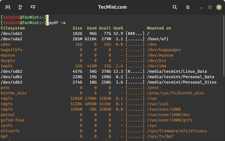 Pydf - Show Disk Usage in Colored Output