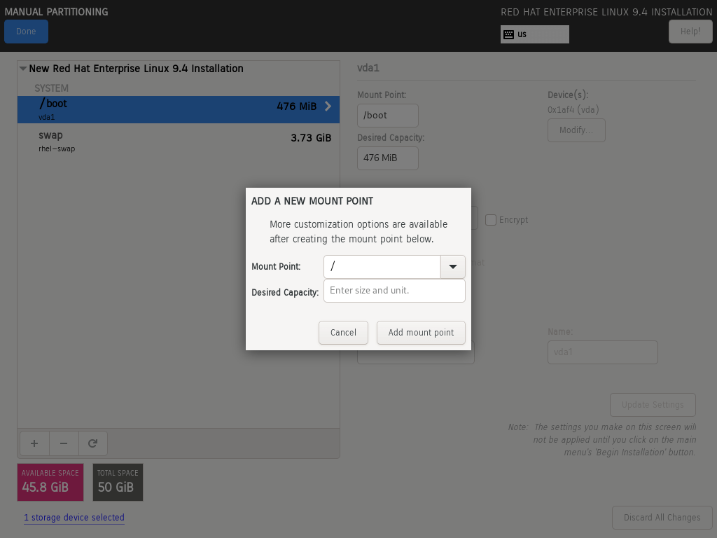 RHEL Create Root Partition