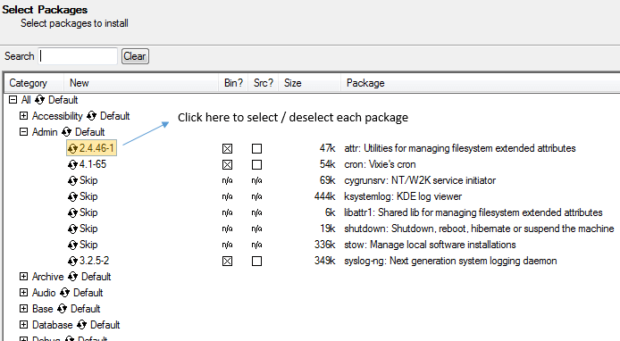 Select Packages to Install under Cygwin