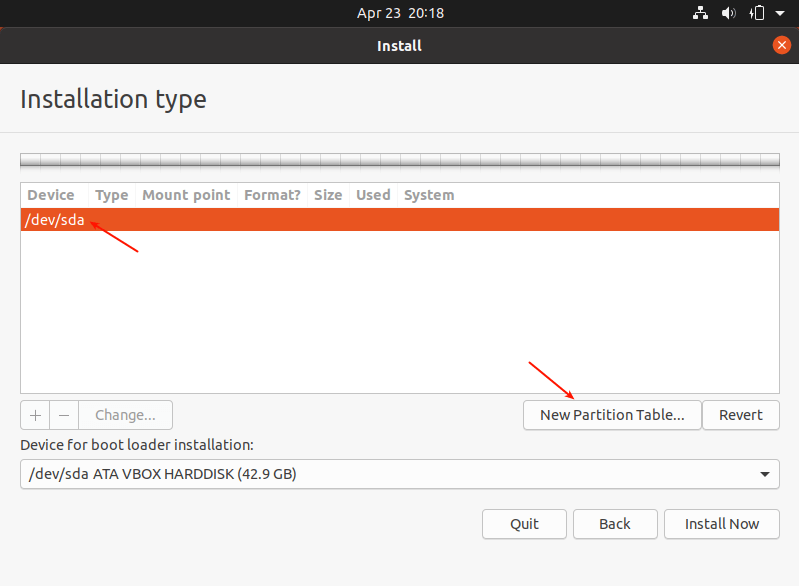 Create New Partition Table