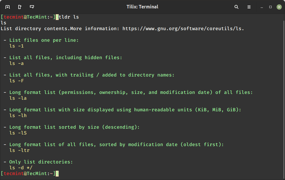 TLDR - ls Command Usage Help