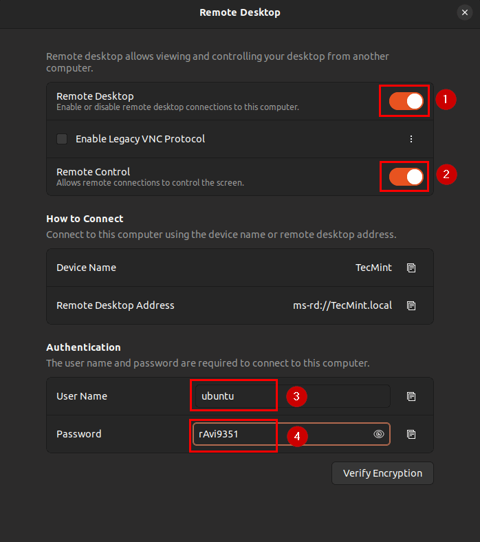 Ubuntu Remote Desktop Settings