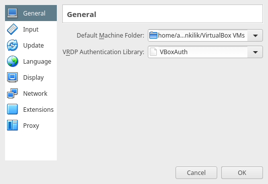 Virtualbox Preferences Window