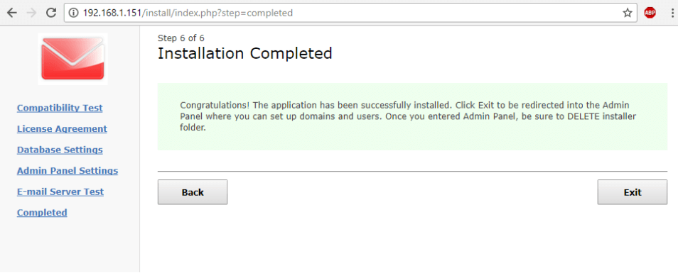 WebMail Installation Completed