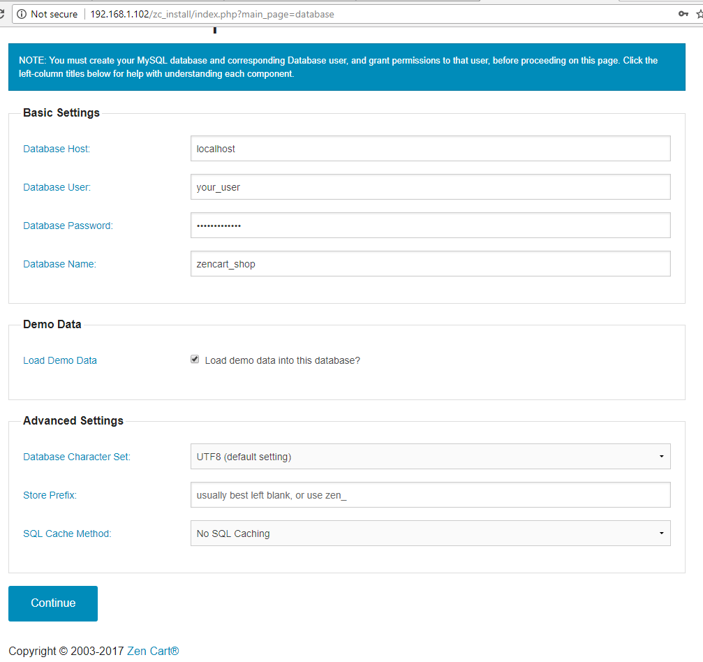 ZenCart Database Setup