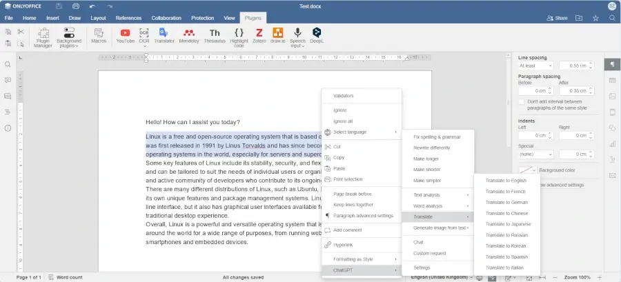 ChatGPT Context Menu in ONLYOFFICE Docs