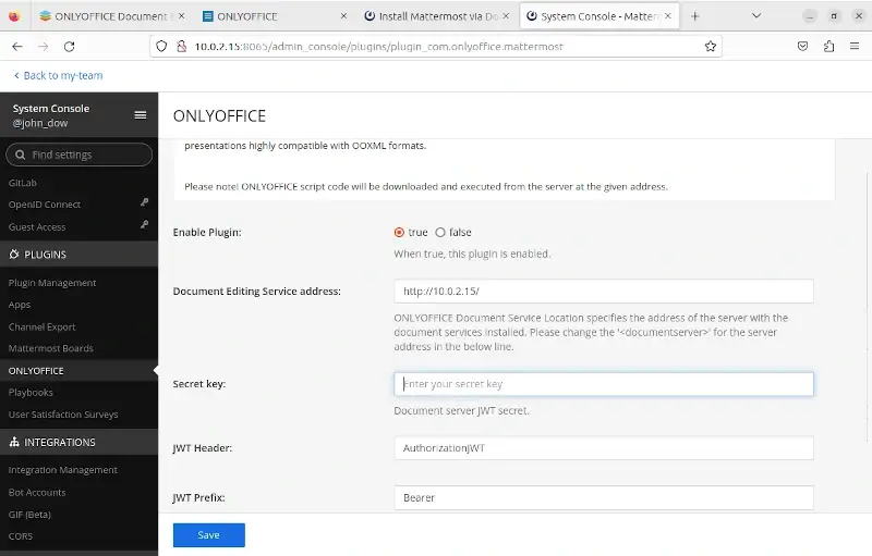 OnlyOffice Plugin Settings