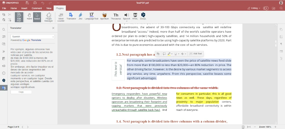 Translation in ONLYOFFICE PDF Editor